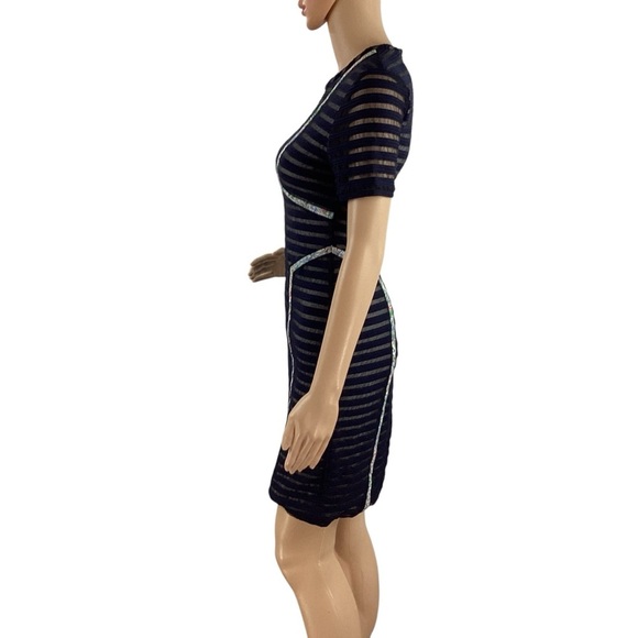 Yigal Azrouël Sheer Striped Bodycon Dress with Floral Trim Navy 2 - Picture 4 of 7